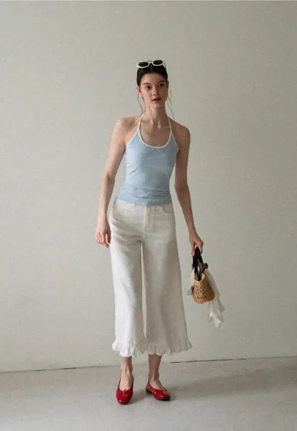 Ruffled Hem Cropped Denim Pants