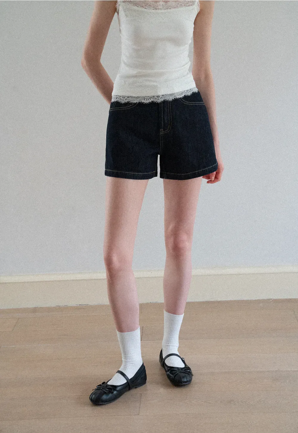 Lace Trim High Waist Denim Shorts