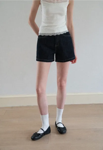 Lace Trim High Waist Denim Shorts