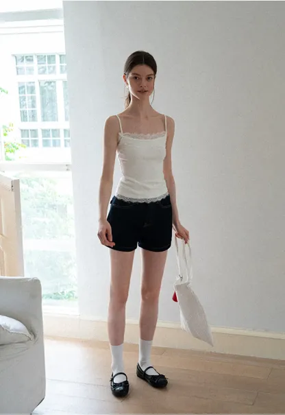 Lace Trim High Waist Denim Shorts