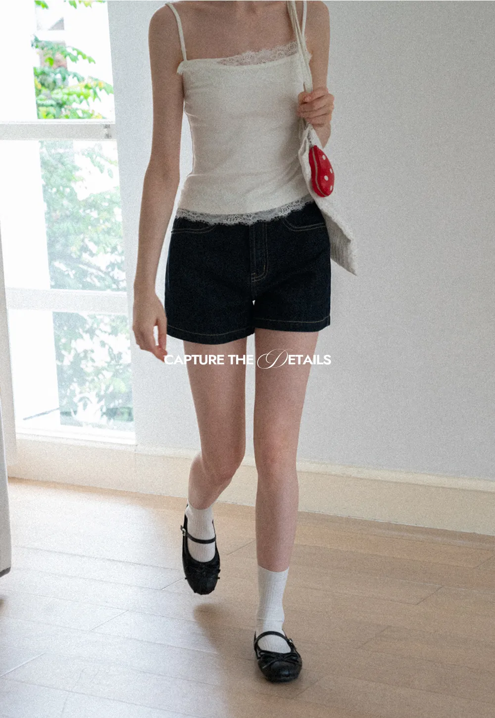 Lace Trim High Waist Denim Shorts