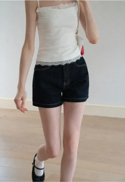 Lace Trim High Waist Denim Shorts