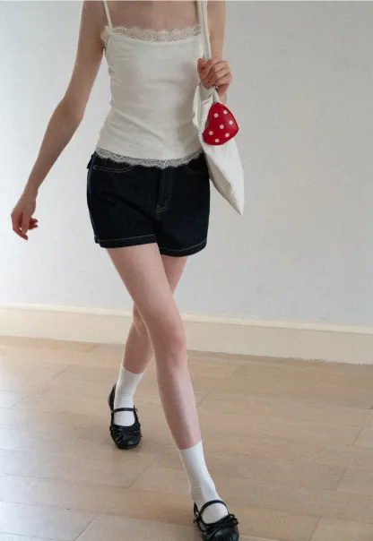 Lace Trim High Waist Denim Shorts