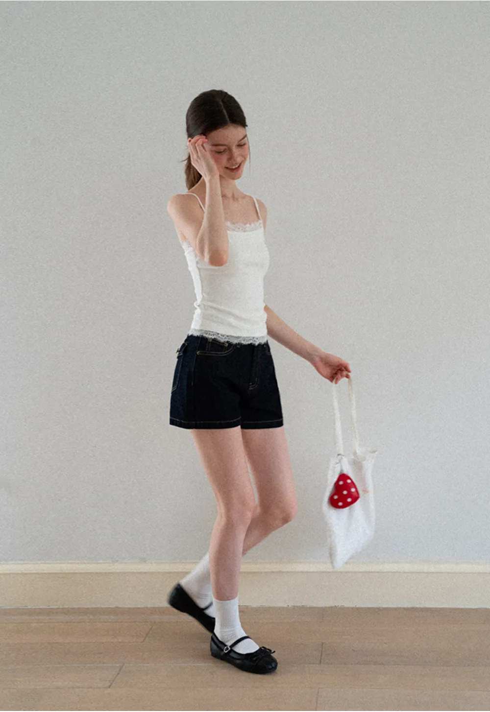 Lace Trim High Waist Denim Shorts