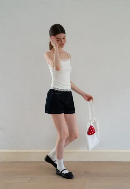 Lace Trim High Waist Denim Shorts