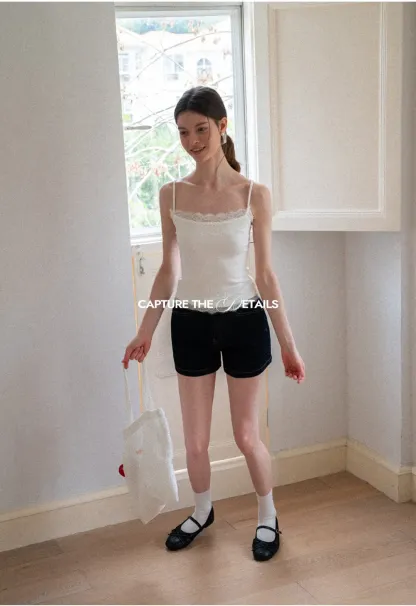 Lace Trim High Waist Denim Shorts