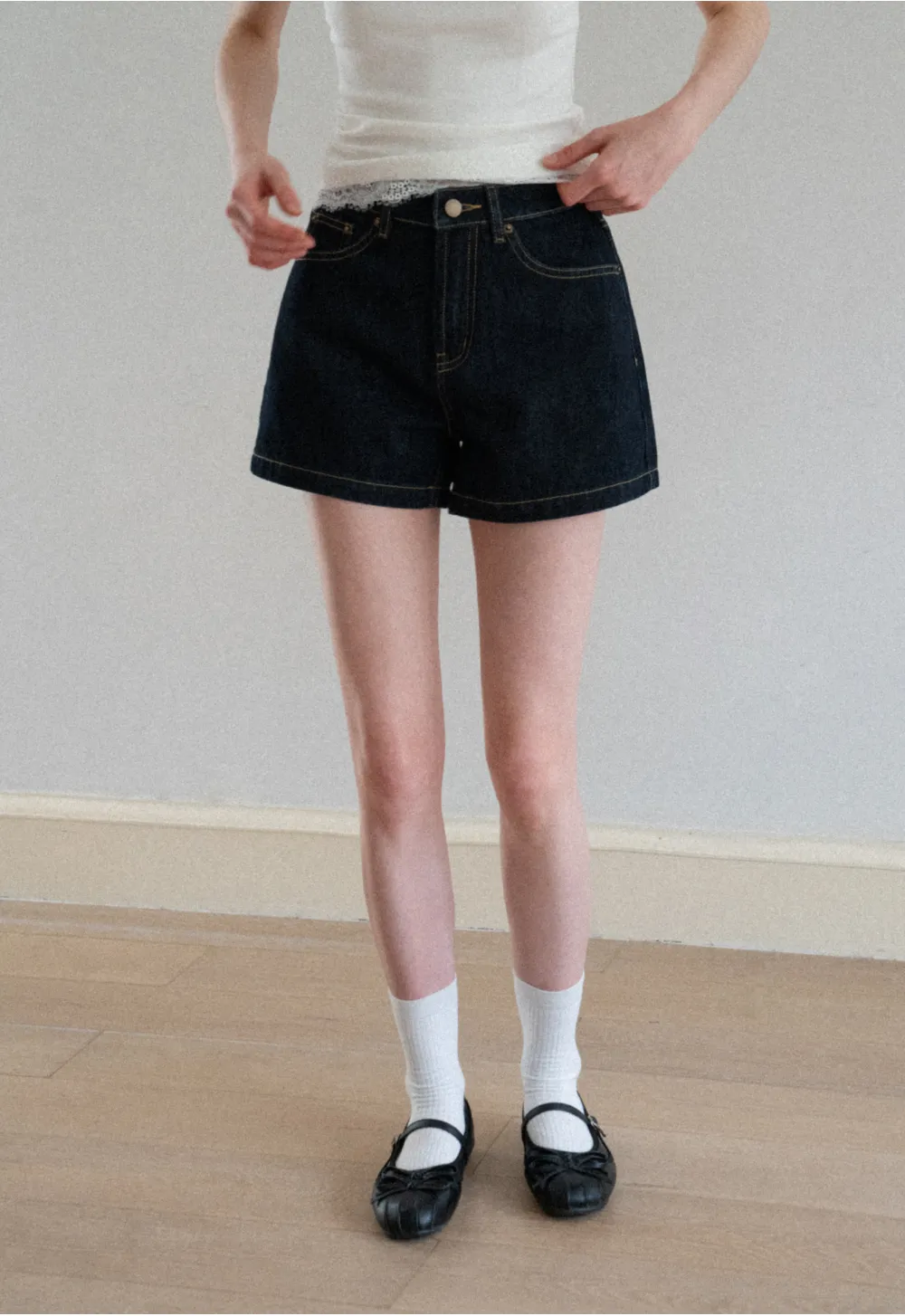 Lace Trim High Waist Denim Shorts