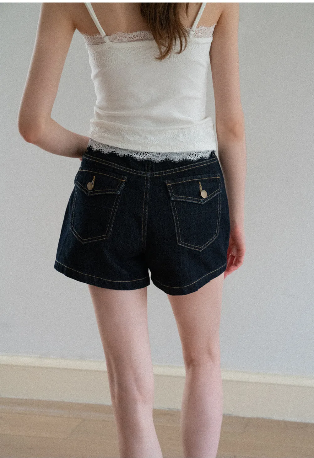 Lace Trim High Waist Denim Shorts
