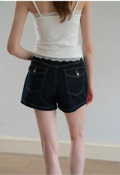 Lace Trim High Waist Denim Shorts