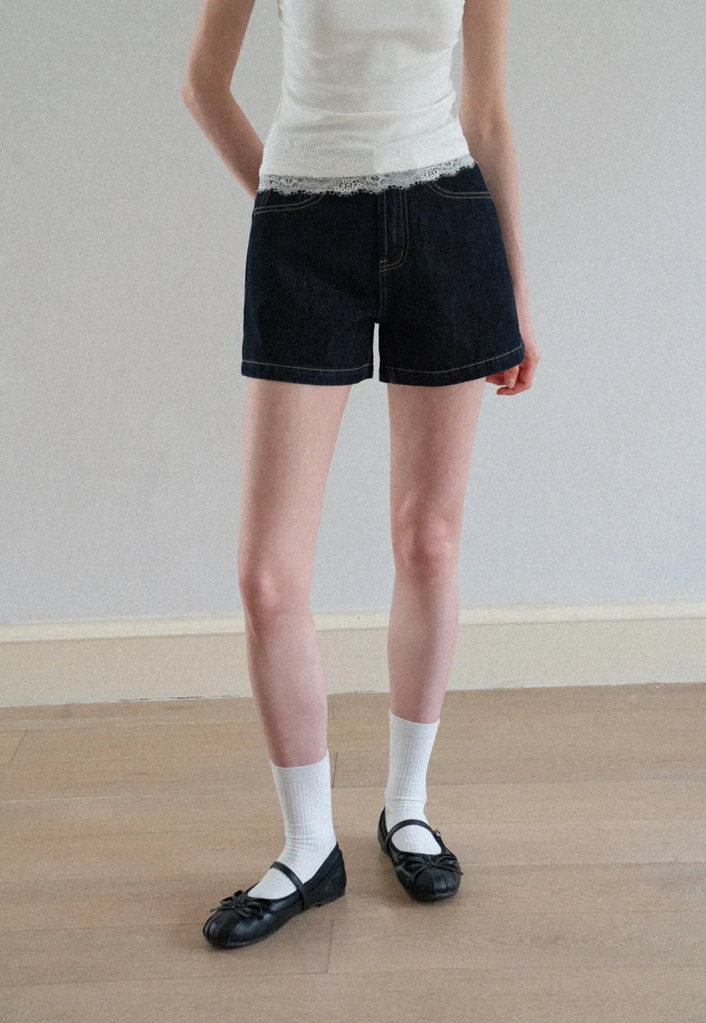 Lace Trim High Waist Denim Shorts