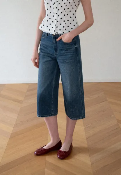 High Waist Cropped Wide Leg Denim Pants