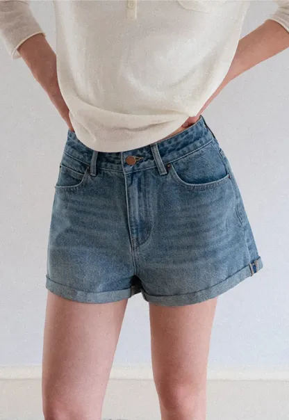 High Waist Cuffed Denim Shorts