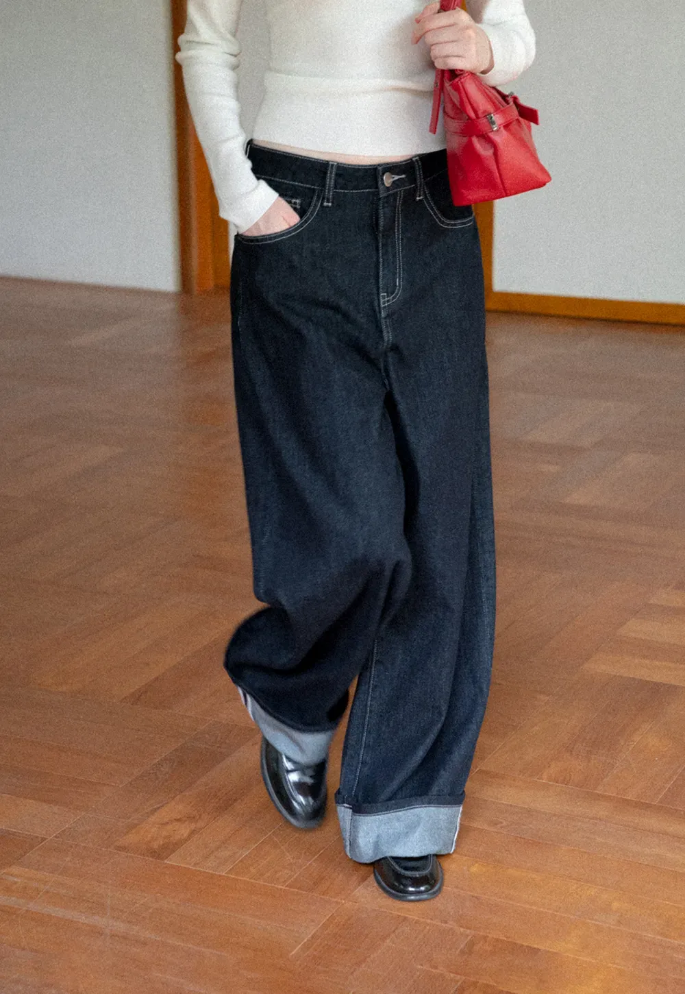 Wide Leg Cuffed Hem Denim Jeans