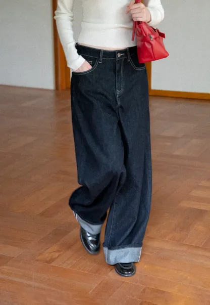 Wide Leg Cuffed Hem Denim Jeans