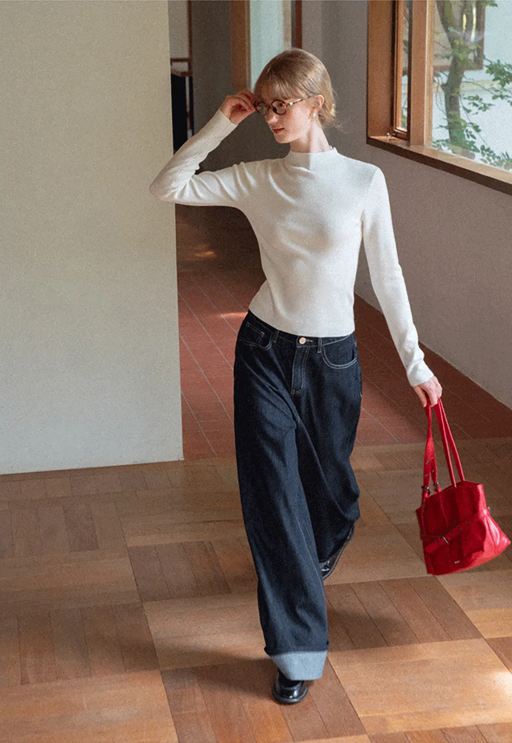 Wide Leg Cuffed Hem Denim Jeans
