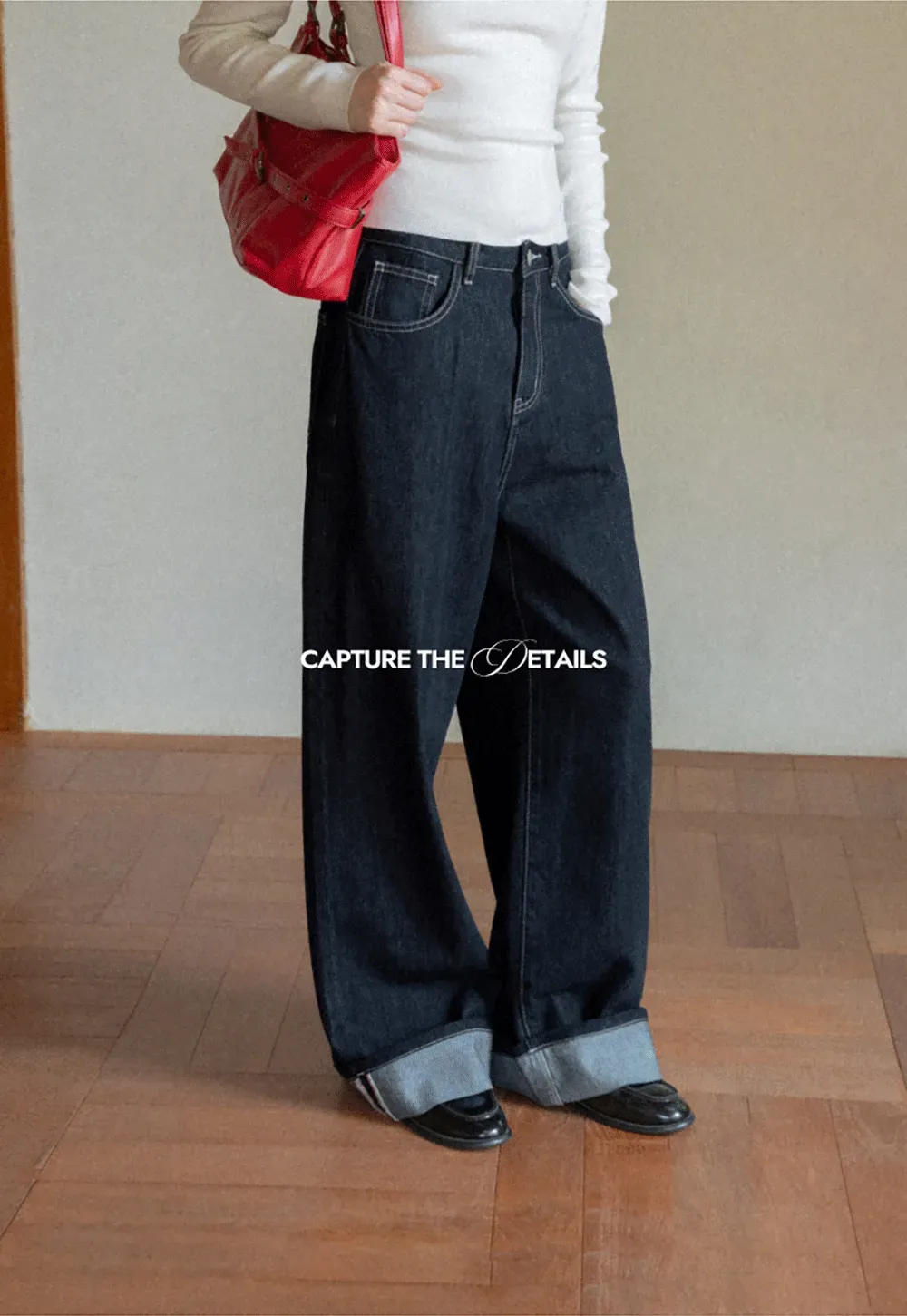 Wide Leg Cuffed Hem Denim Jeans