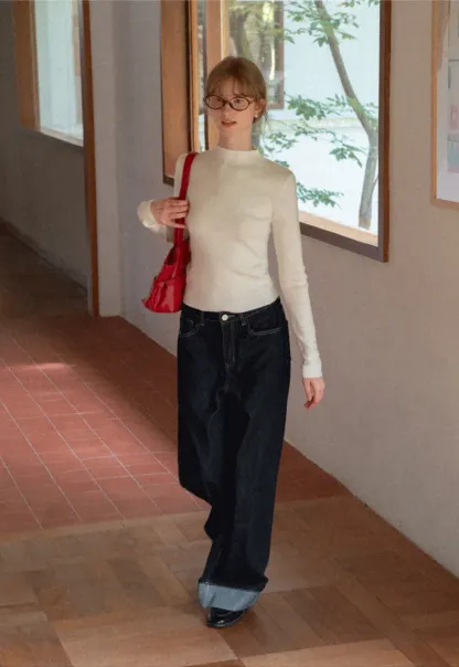 Wide Leg Cuffed Hem Denim Jeans