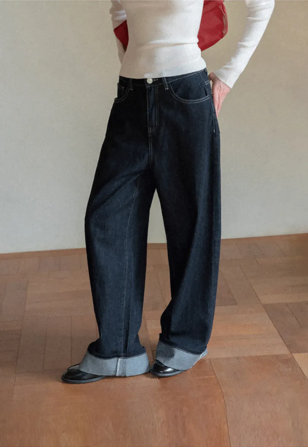 Wide Leg Cuffed Hem Denim Jeans
