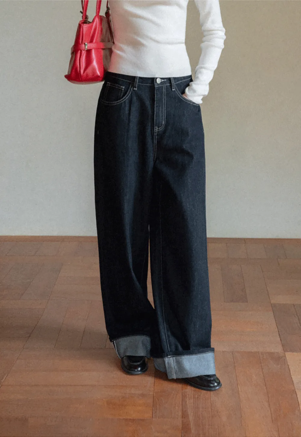 Wide Leg Cuffed Hem Denim Jeans