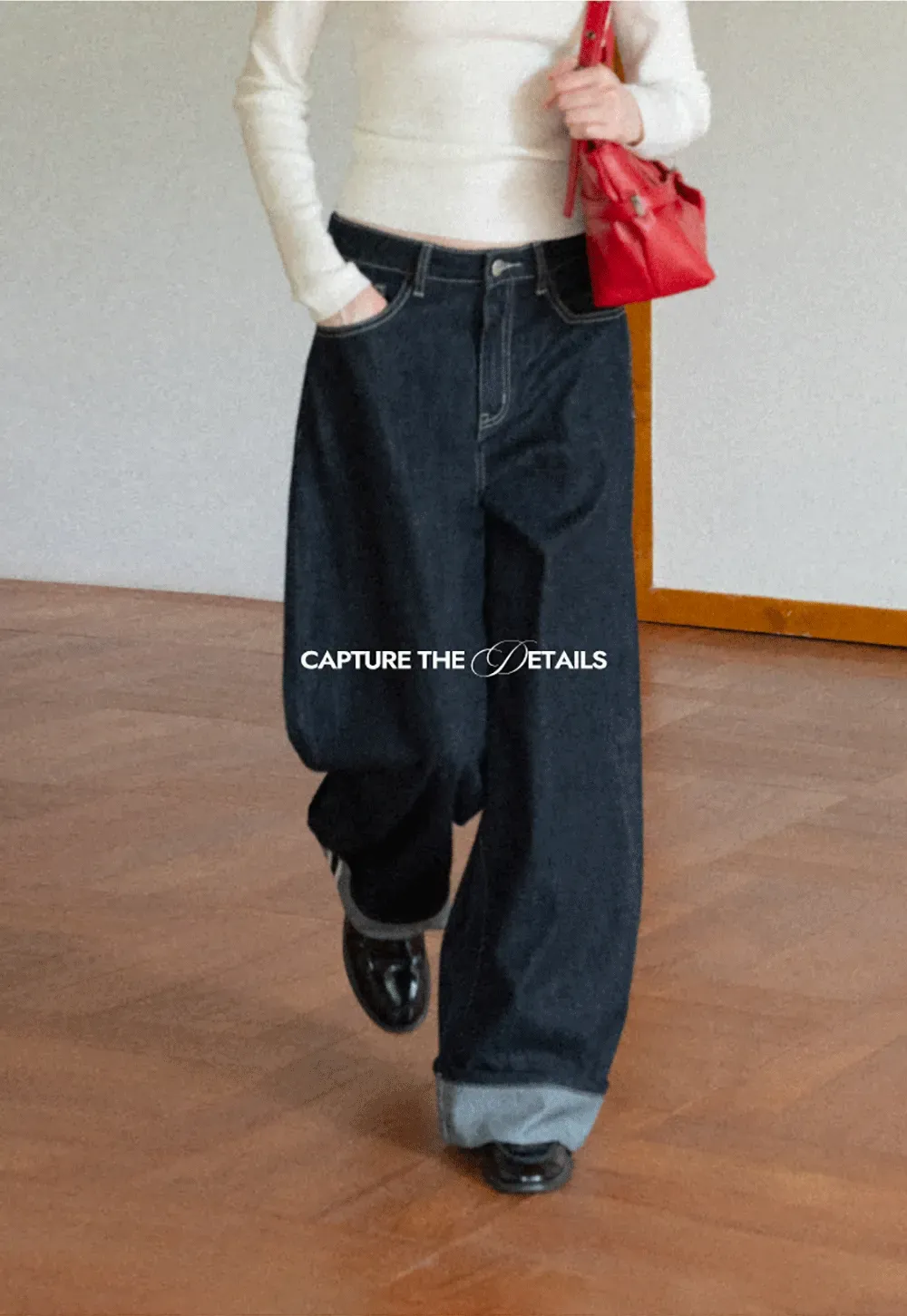 Wide Leg Cuffed Hem Denim Jeans