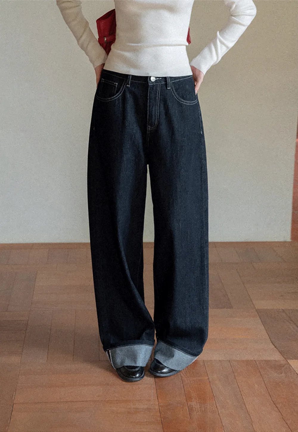 Wide Leg Cuffed Hem Denim Jeans