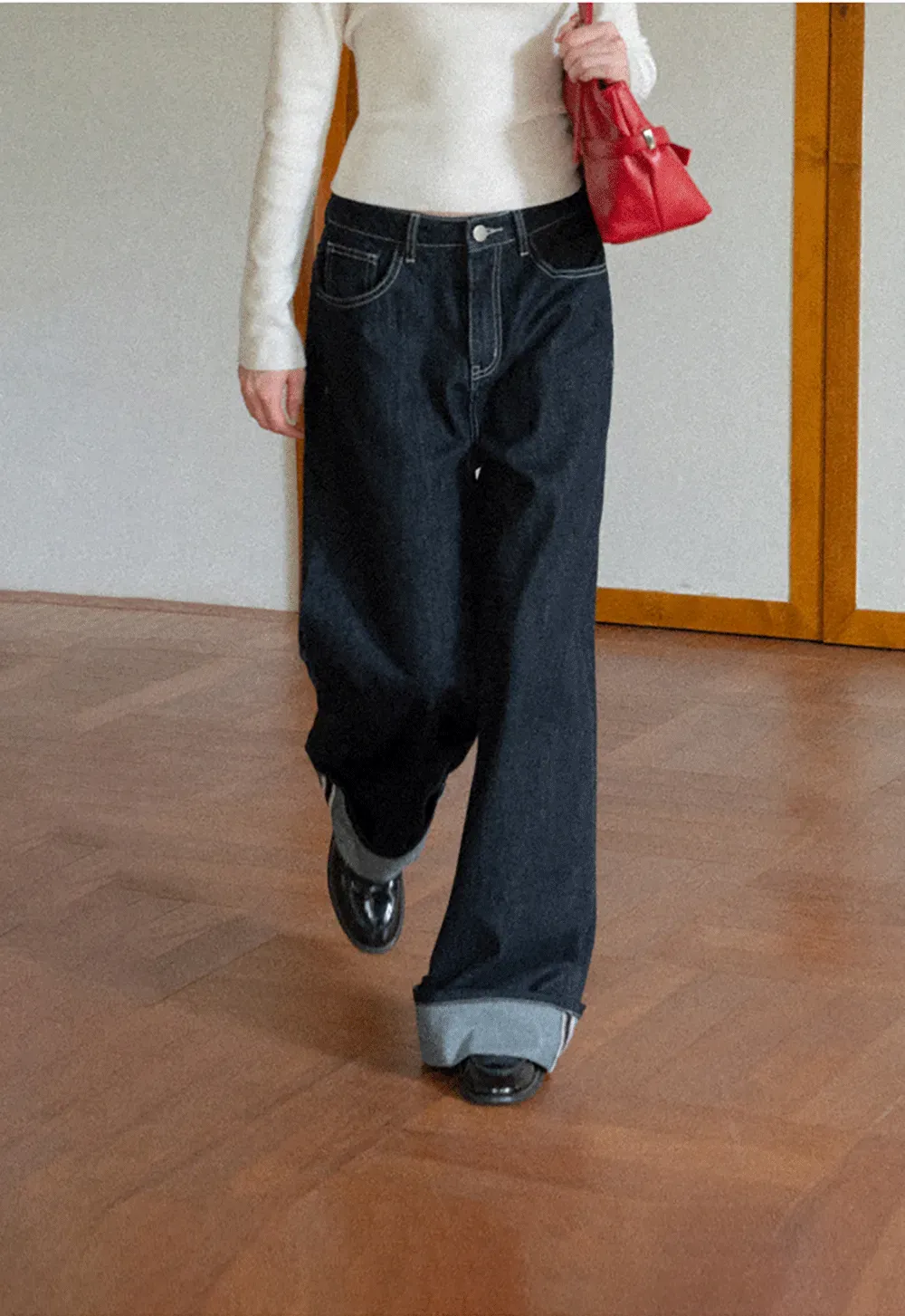 Wide Leg Cuffed Hem Denim Jeans