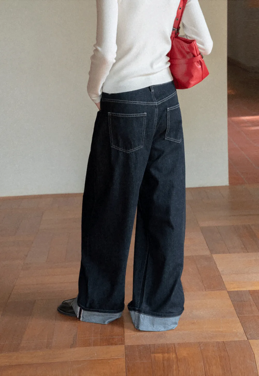 Wide Leg Cuffed Hem Denim Jeans