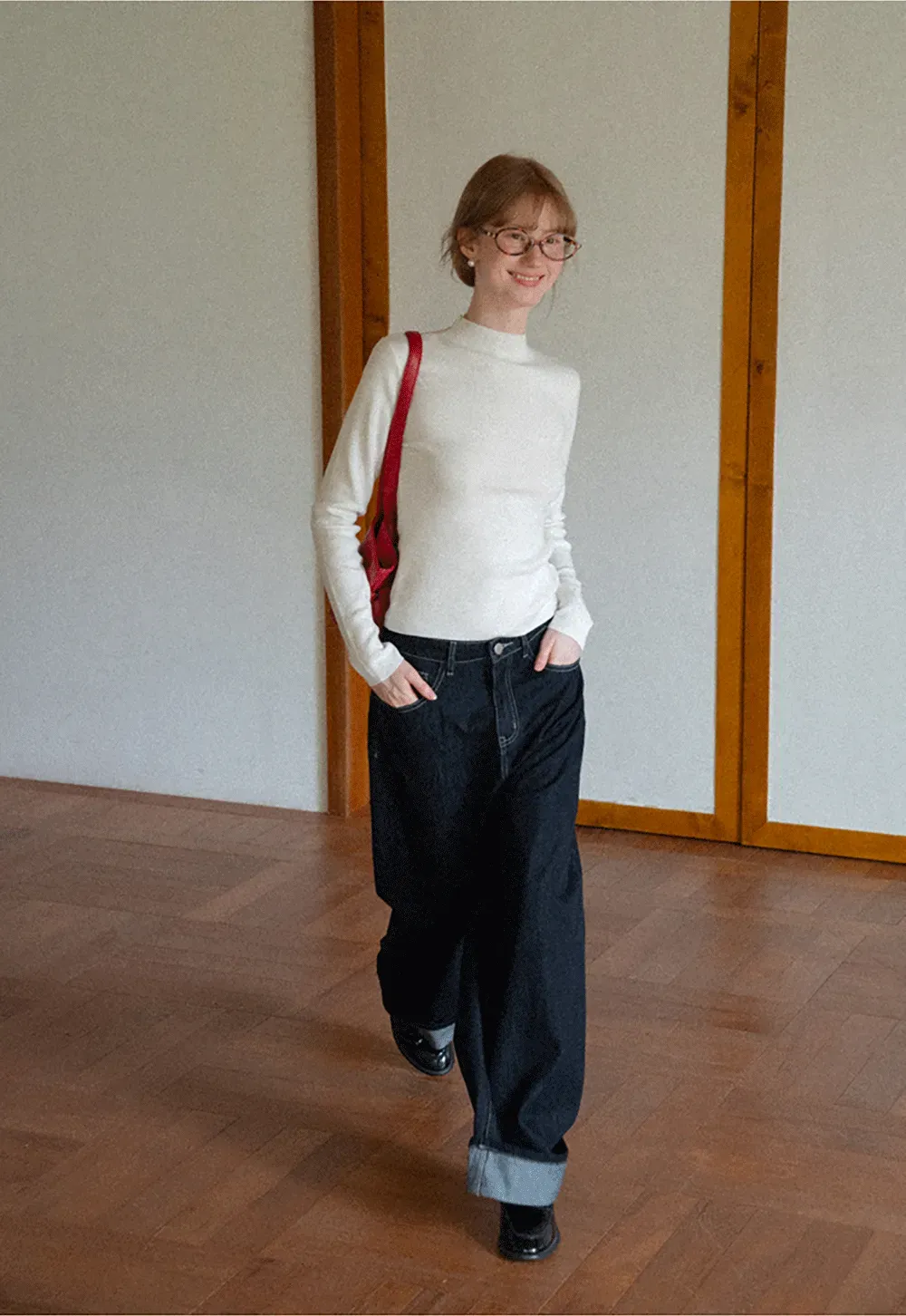 Wide Leg Cuffed Hem Denim Jeans