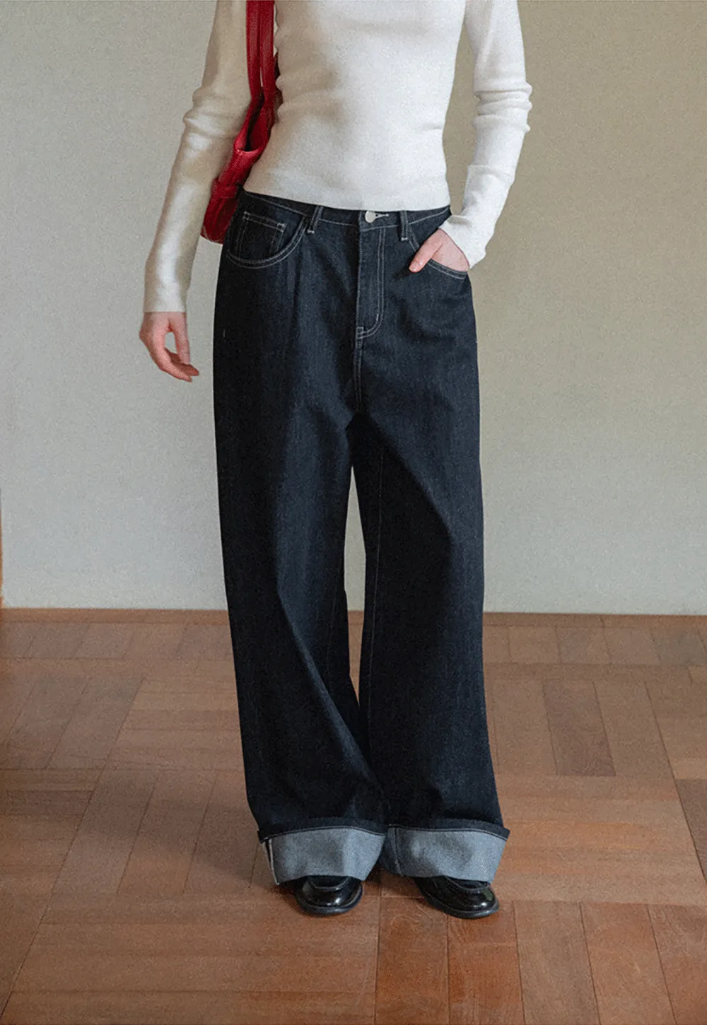 Wide Leg Cuffed Hem Denim Jeans