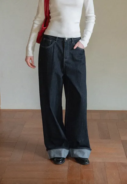 Wide Leg Cuffed Hem Denim Jeans