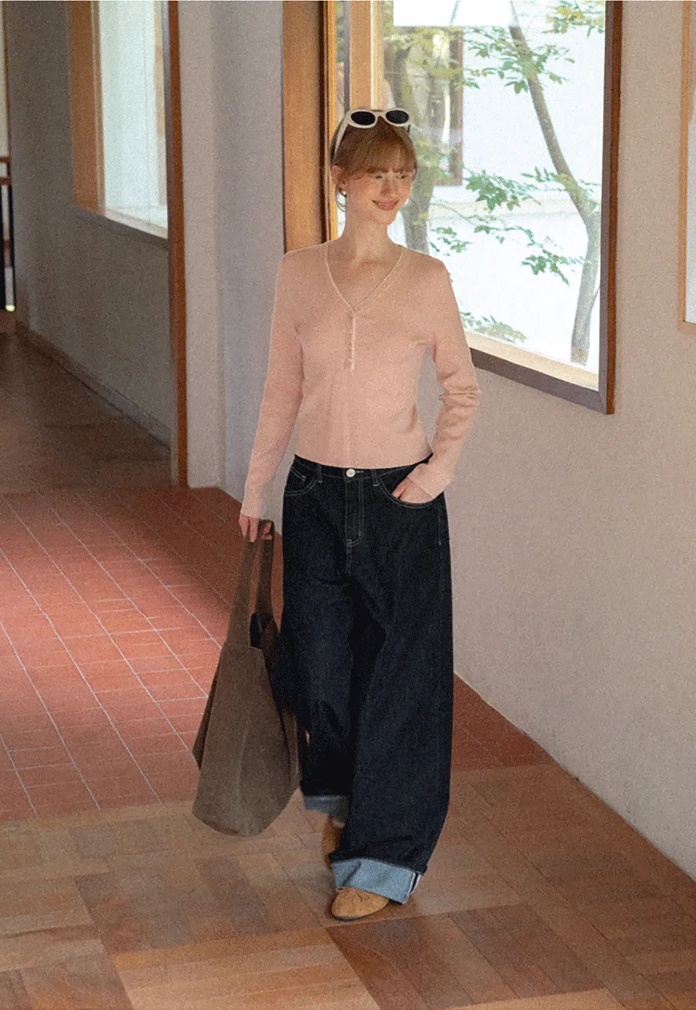 Wide Leg Cuffed Hem Denim Jeans