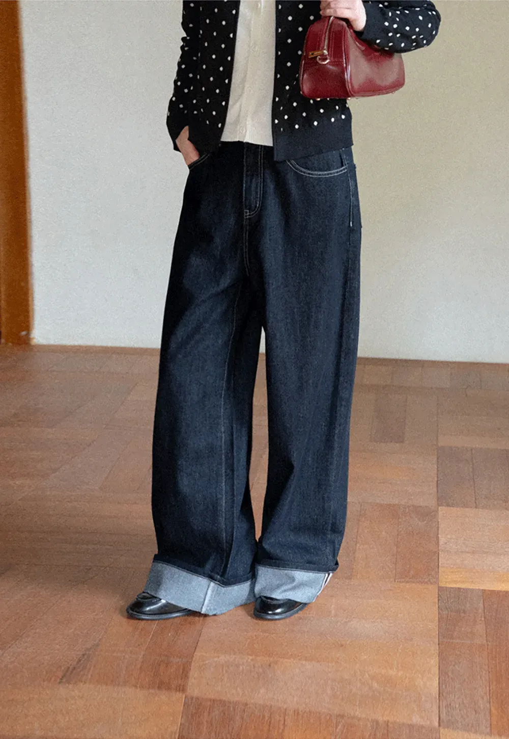 Wide Leg Cuffed Hem Denim Jeans