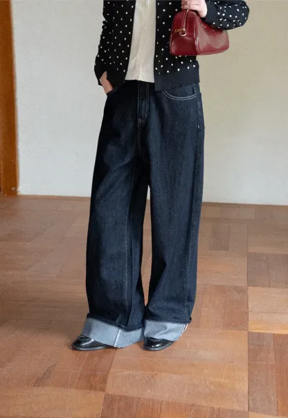 Wide Leg Cuffed Hem Denim Jeans