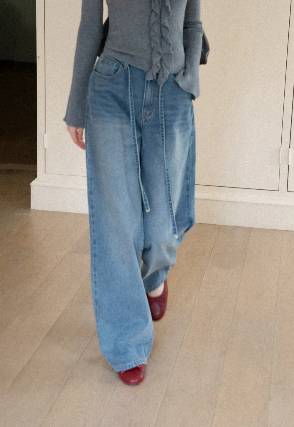High Waist Wide Leg Drawstring Jeans