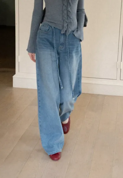 High Waist Wide Leg Drawstring Jeans