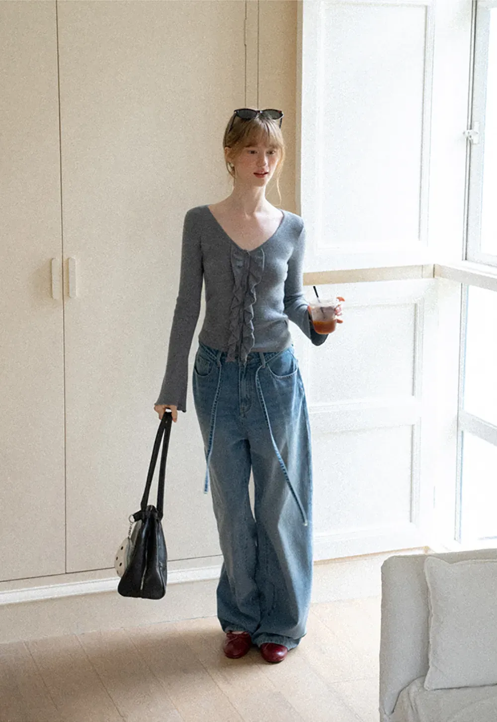 High Waist Wide Leg Drawstring Jeans
