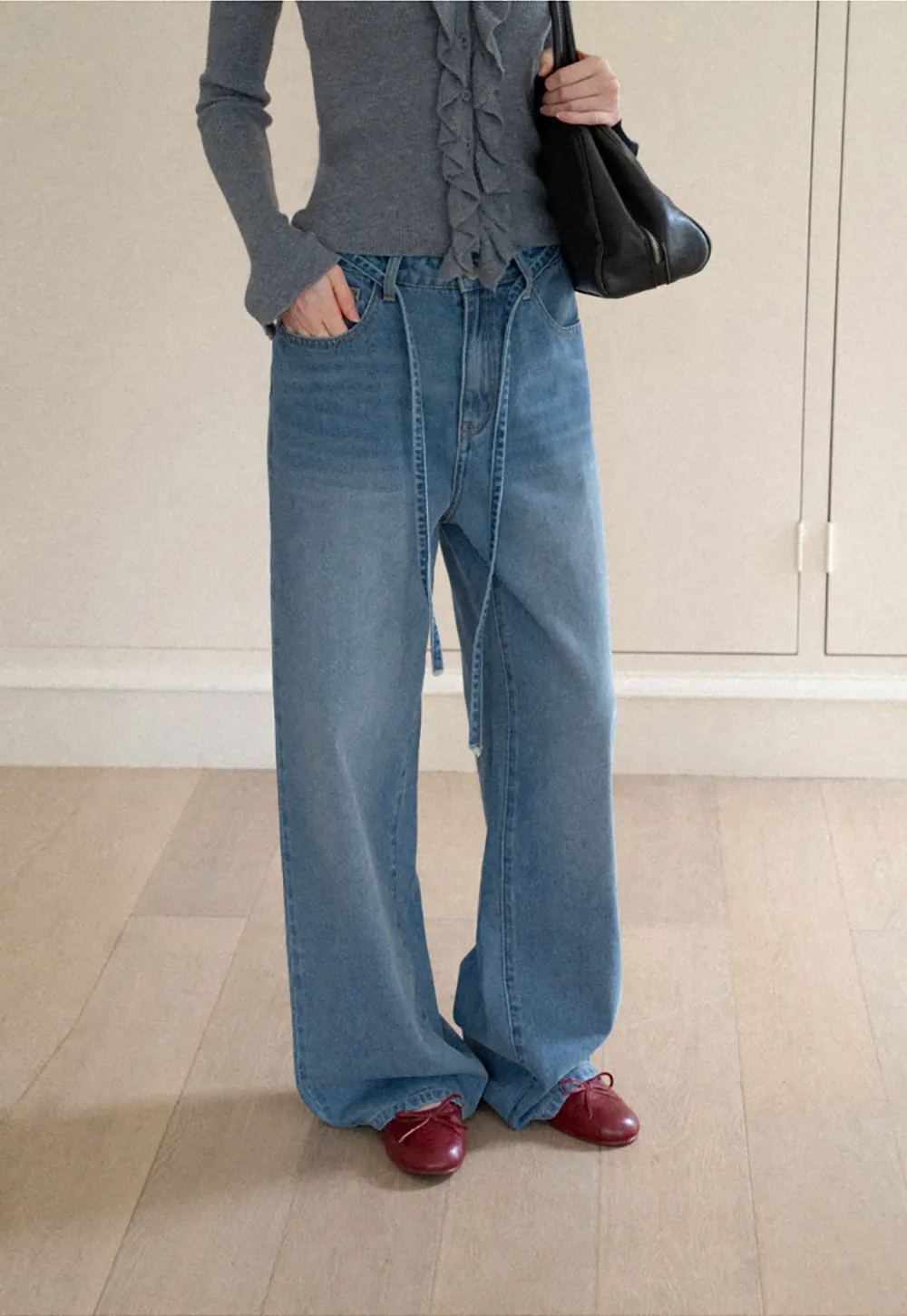 High Waist Wide Leg Drawstring Jeans