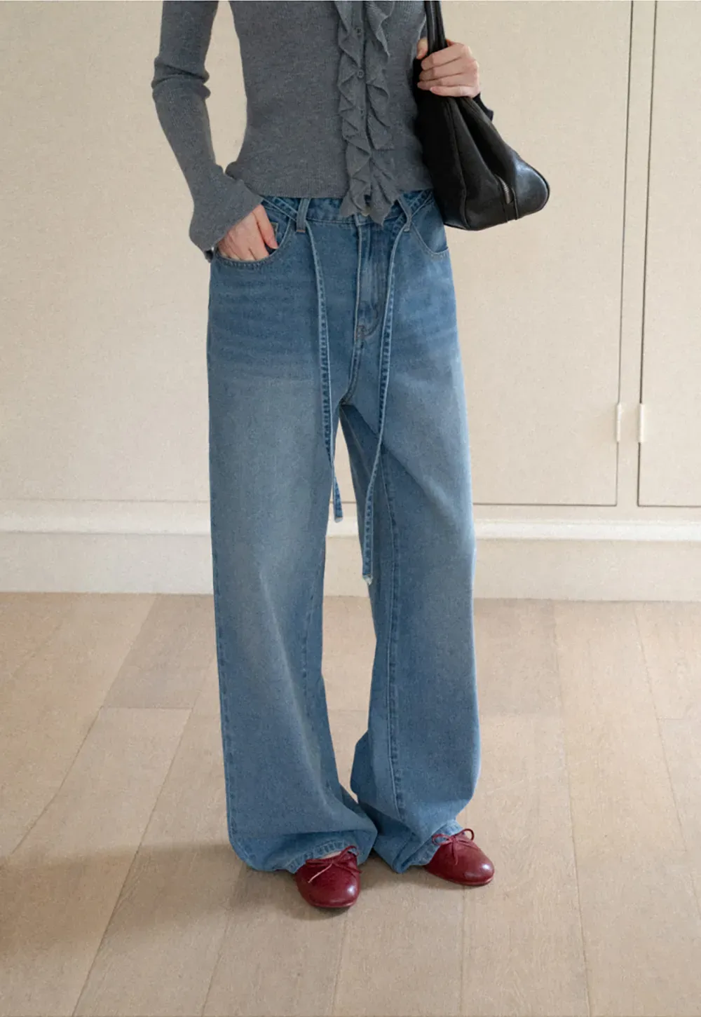 High Waist Wide Leg Drawstring Jeans