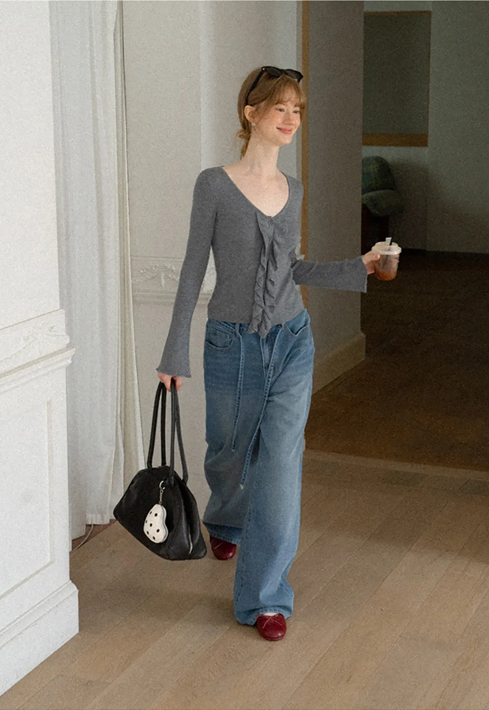 High Waist Wide Leg Drawstring Jeans
