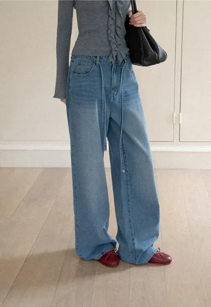 High Waist Wide Leg Drawstring Jeans