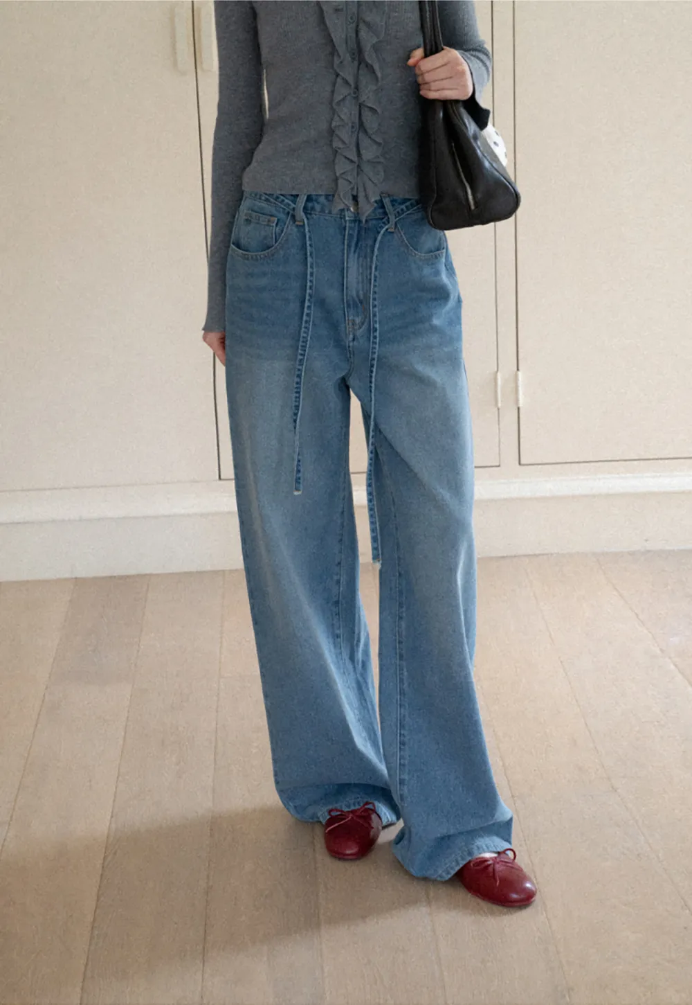 High Waist Wide Leg Drawstring Jeans