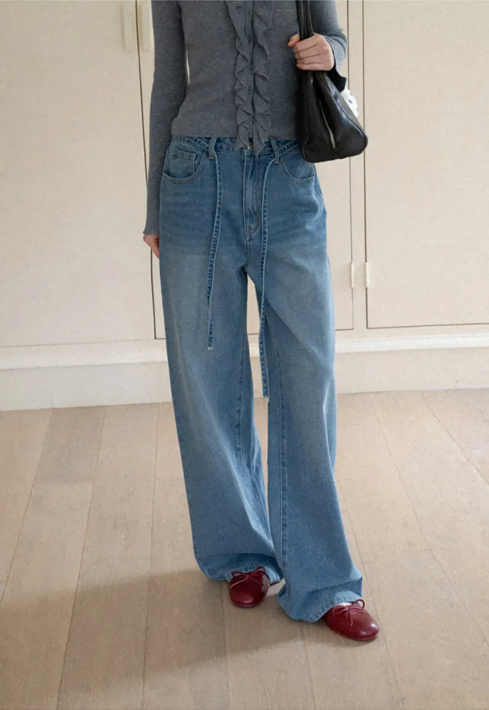High Waist Wide Leg Drawstring Jeans