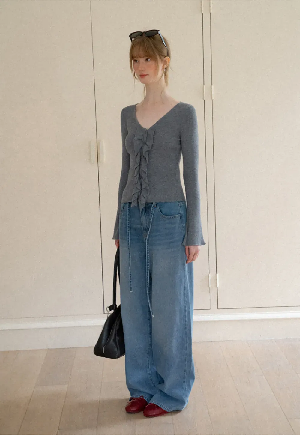 High Waist Wide Leg Drawstring Jeans