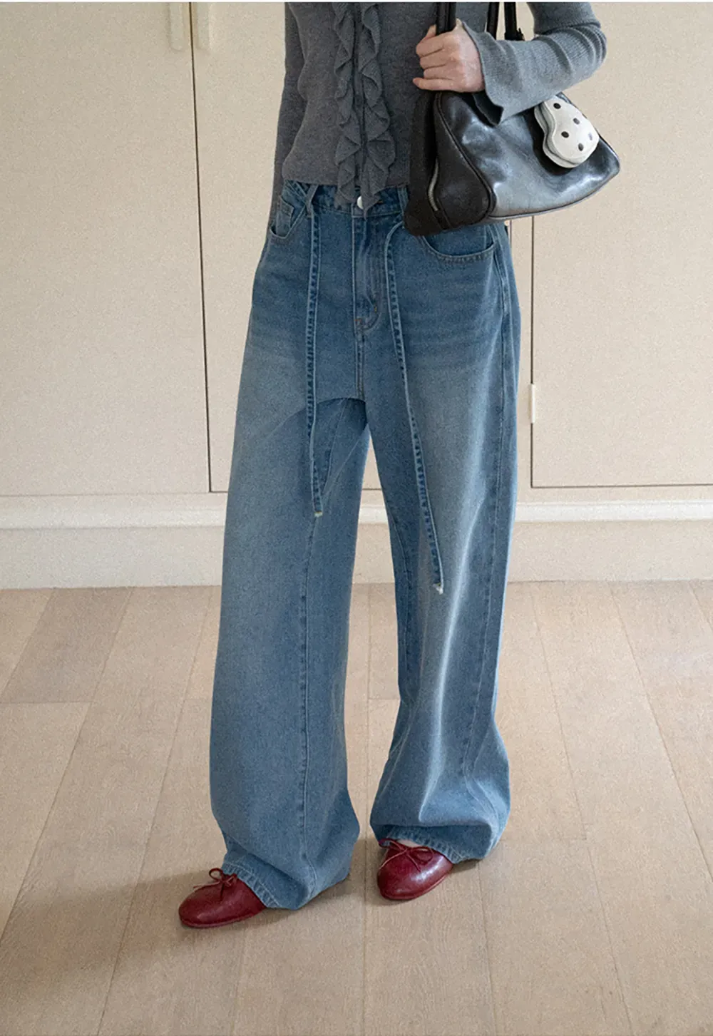 High Waist Wide Leg Drawstring Jeans
