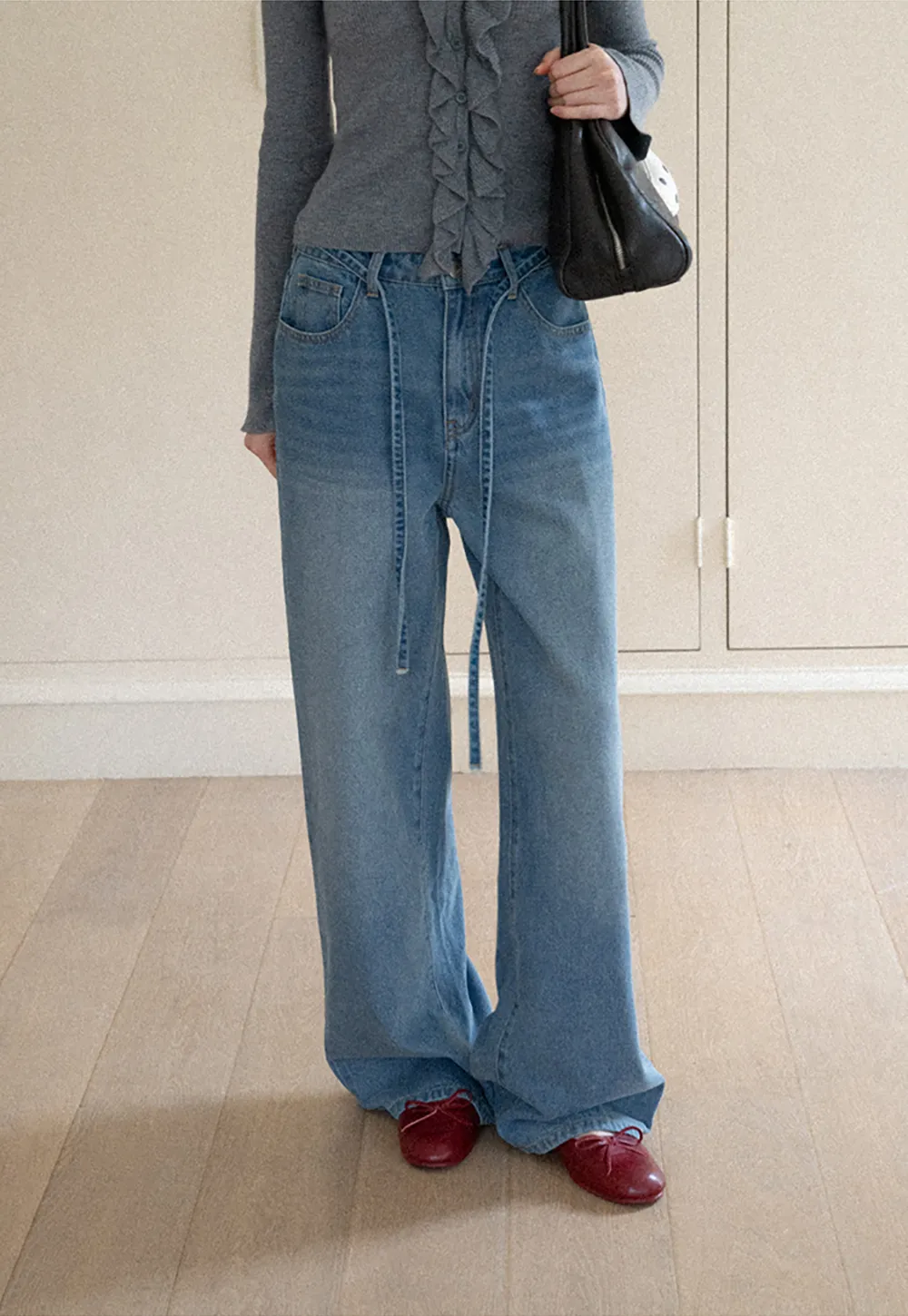 High Waist Wide Leg Drawstring Jeans
