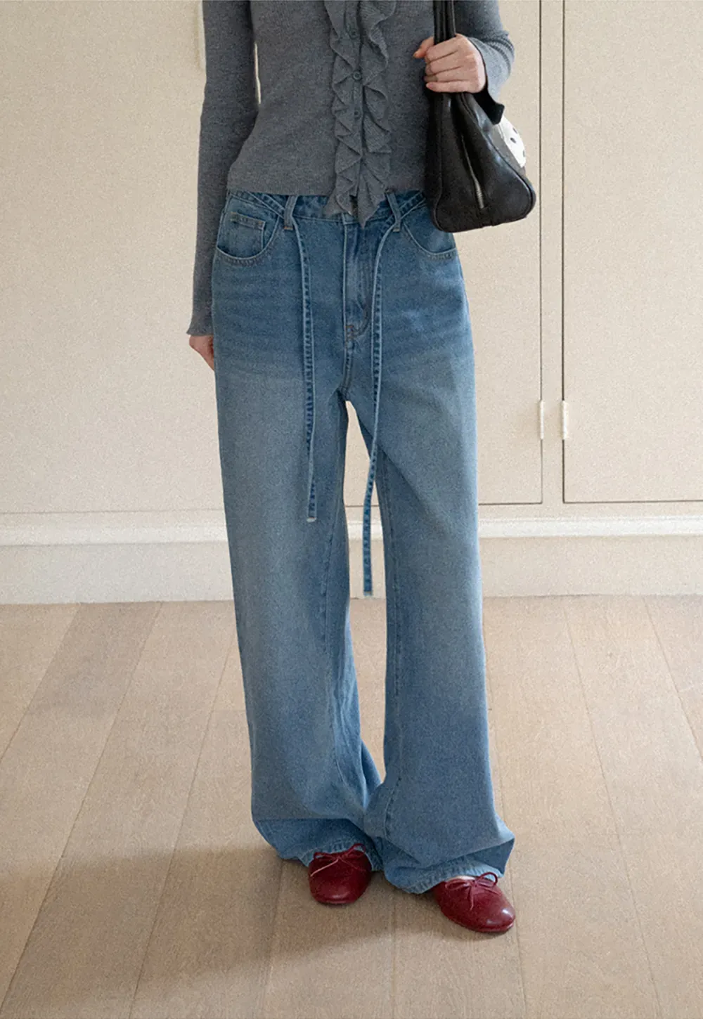 High Waist Wide Leg Drawstring Jeans