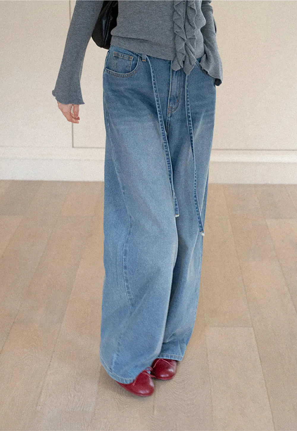 High Waist Wide Leg Drawstring Jeans
