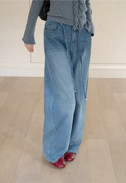 High Waist Wide Leg Drawstring Jeans