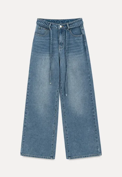 High Waist Wide Leg Drawstring Jeans