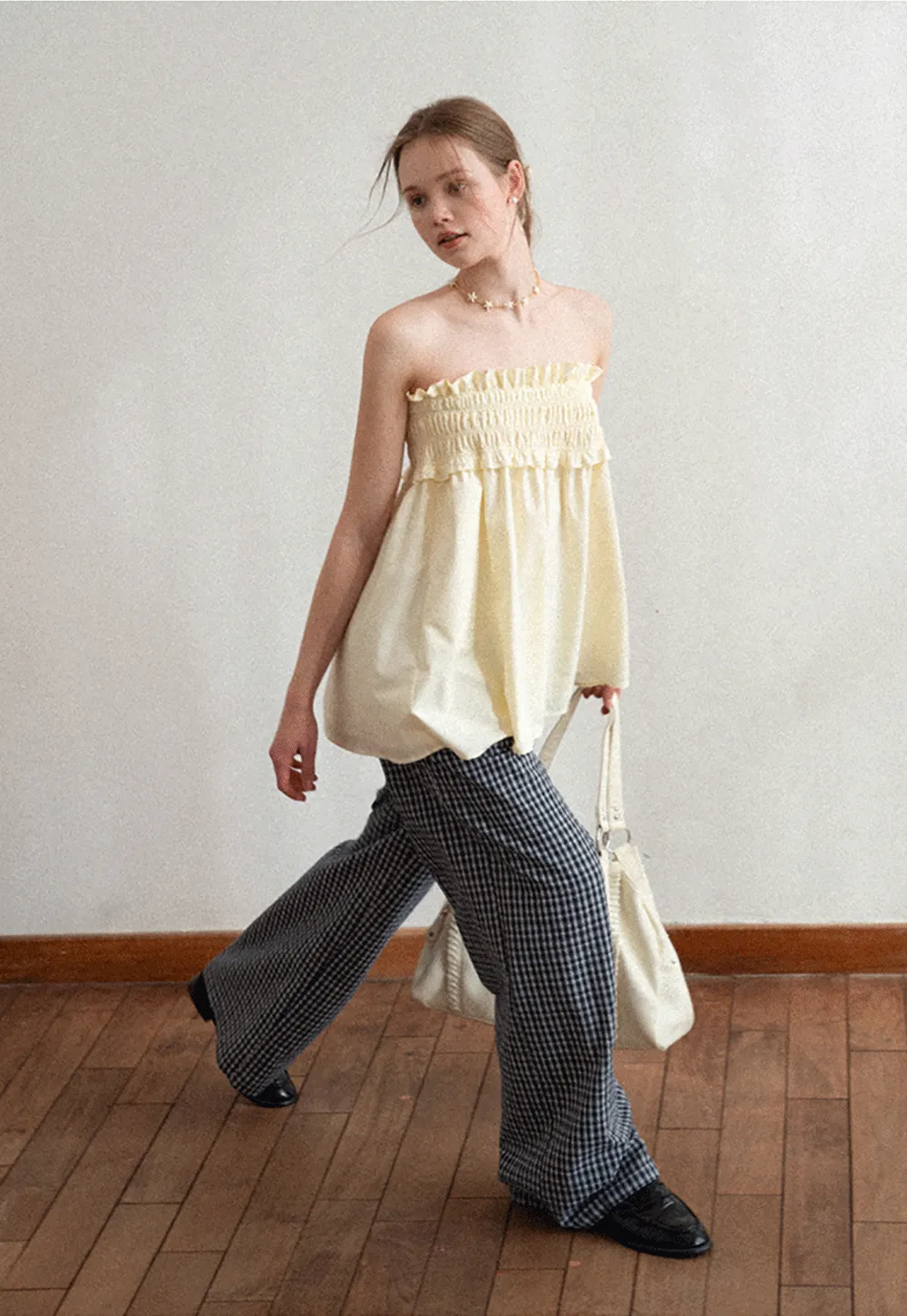 Checkered wide leg skirt with pleated waistband